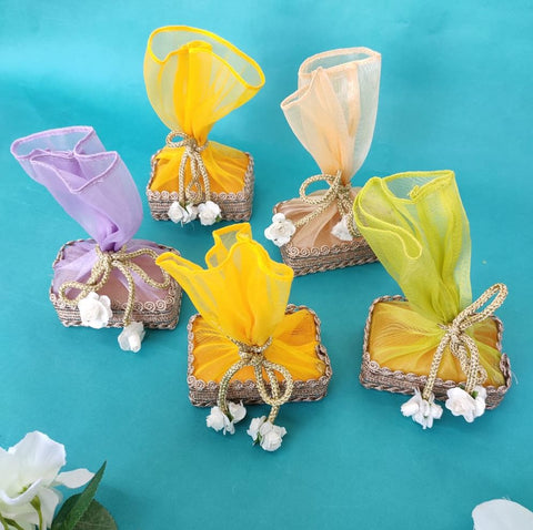 Set of 5 Pastel Mini Box Pouch With Flower Cord Tie